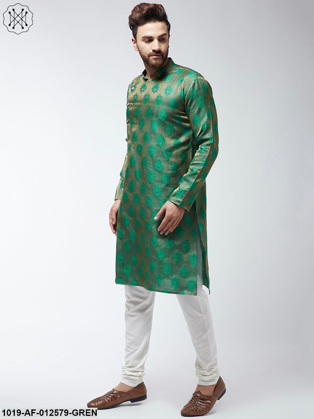 Men's Jacquard Silk Dark Green Kurta & Off-White Churidar Pyjama Set