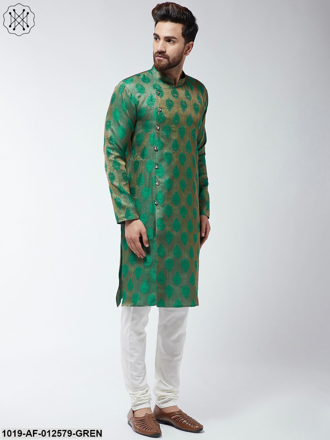 Men's Jacquard Silk Dark Green Kurta & Off-White Churidar Pyjama Set