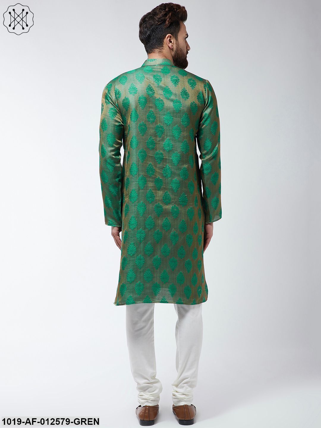 Men's Jacquard Silk Dark Green Kurta & Off-White Churidar Pyjama Set