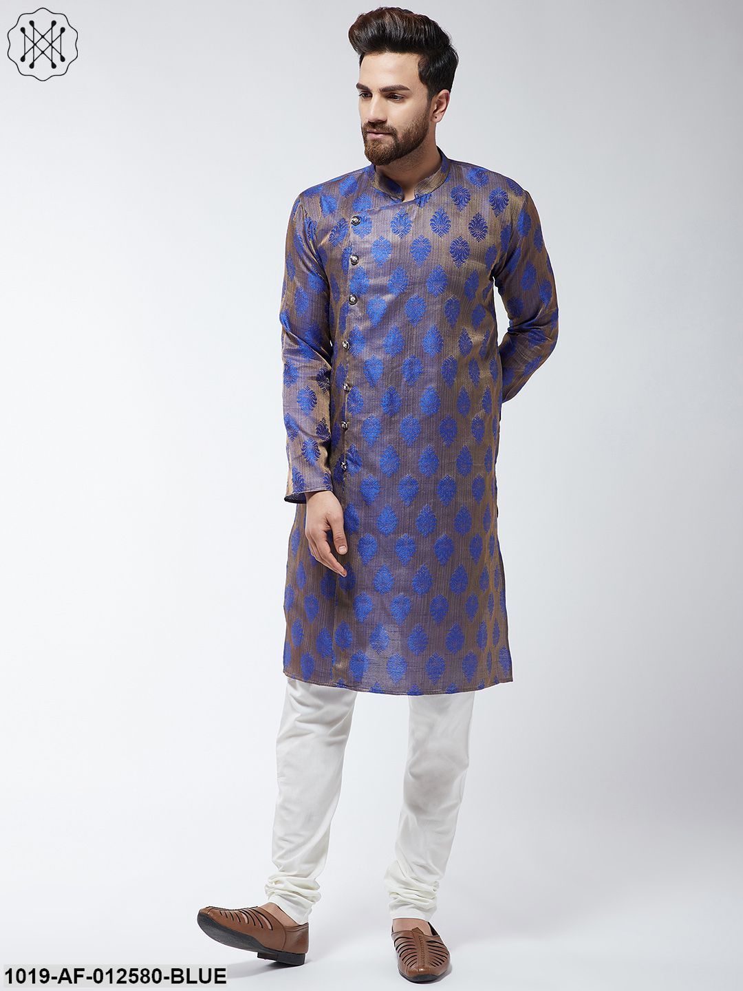 Men's Jacquard Silk Blue Kurta & Off-White Churidar Pyjama Set
