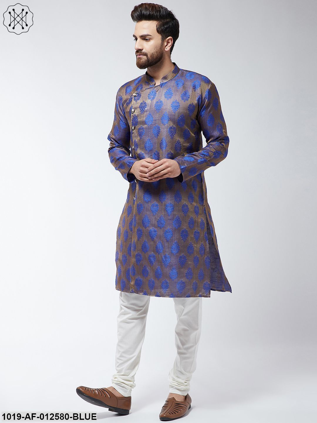 Men's Jacquard Silk Blue Kurta & Off-White Churidar Pyjama Set