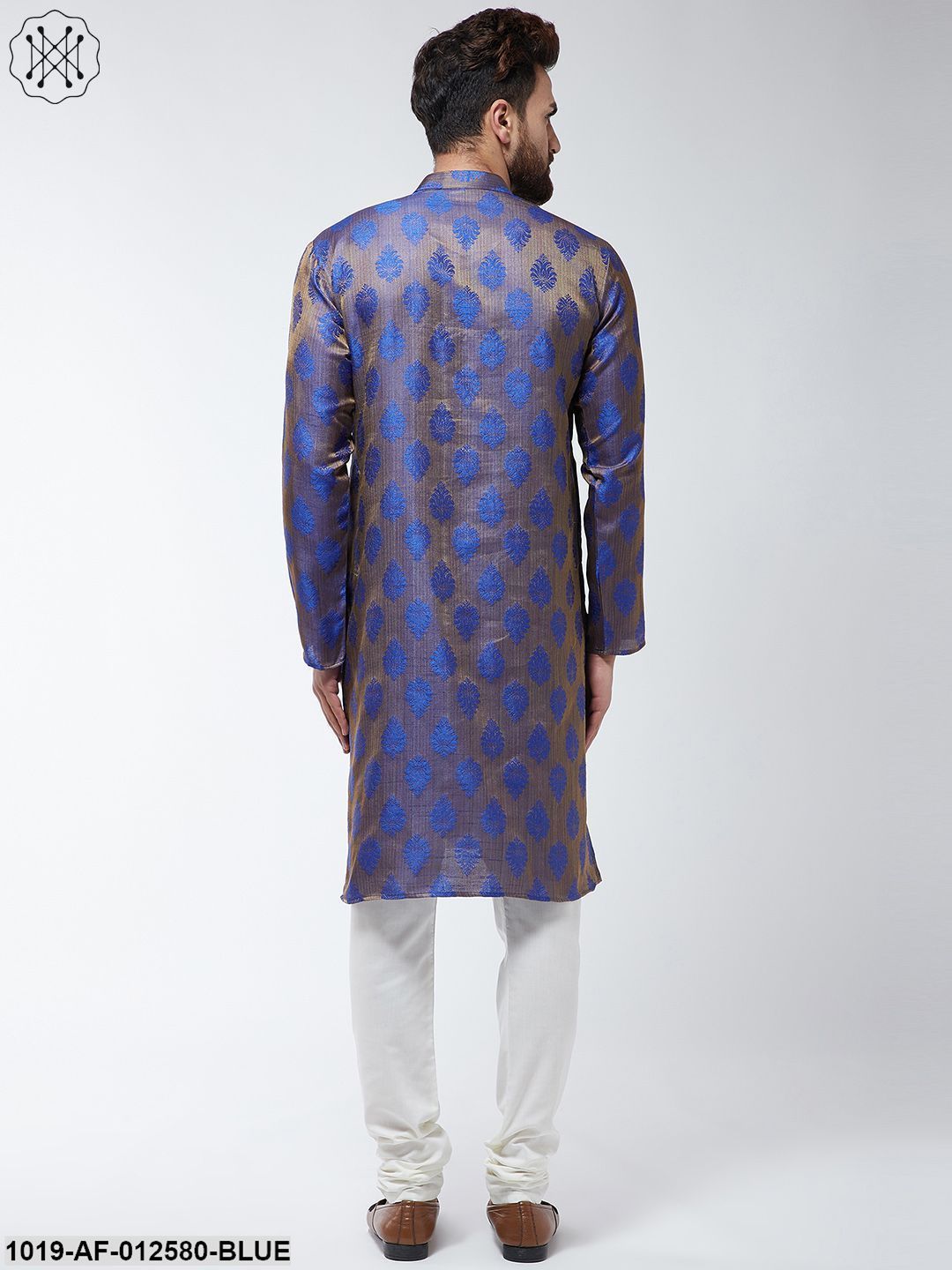 Men's Jacquard Silk Blue Kurta & Off-White Churidar Pyjama Set