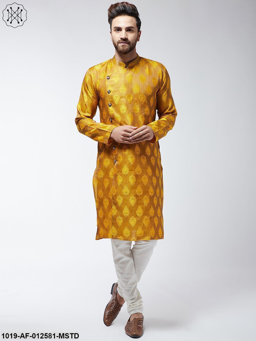 Men's Jacquard Silk Mustard Kurta & Off-White Churidar Pyjama Set