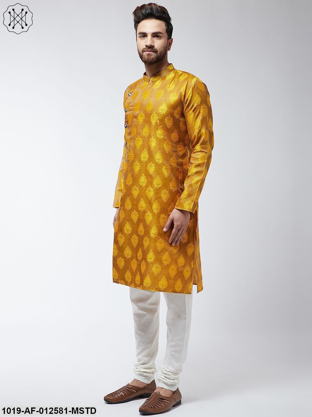 Men's Jacquard Silk Mustard Kurta & Off-White Churidar Pyjama Set