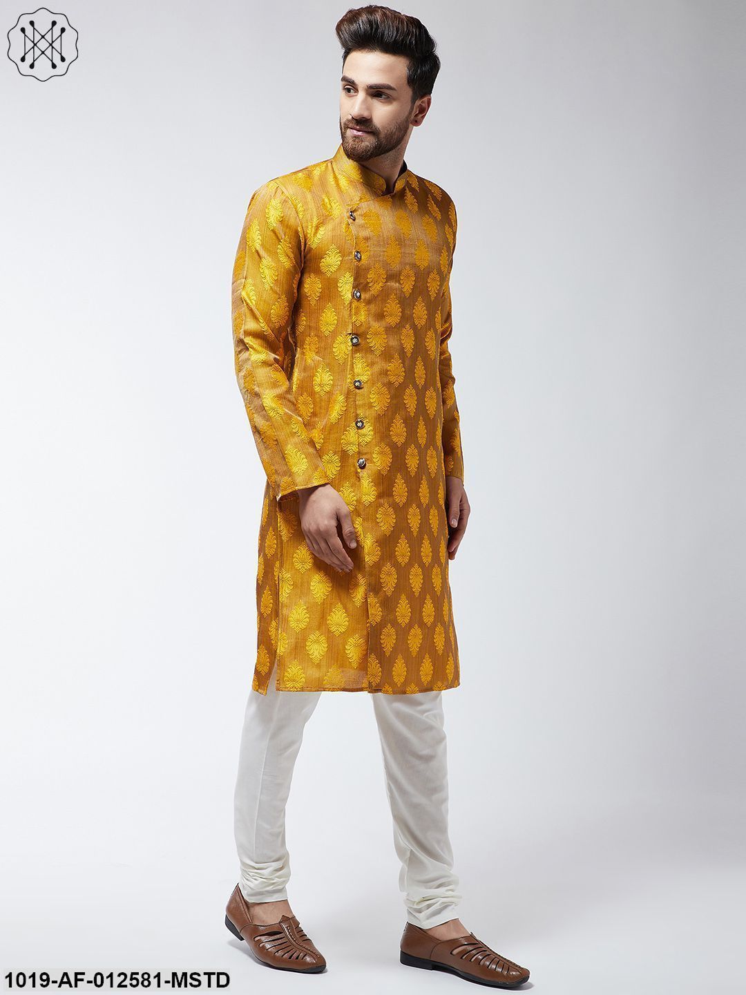 Men's Jacquard Silk Mustard Kurta & Off-White Churidar Pyjama Set