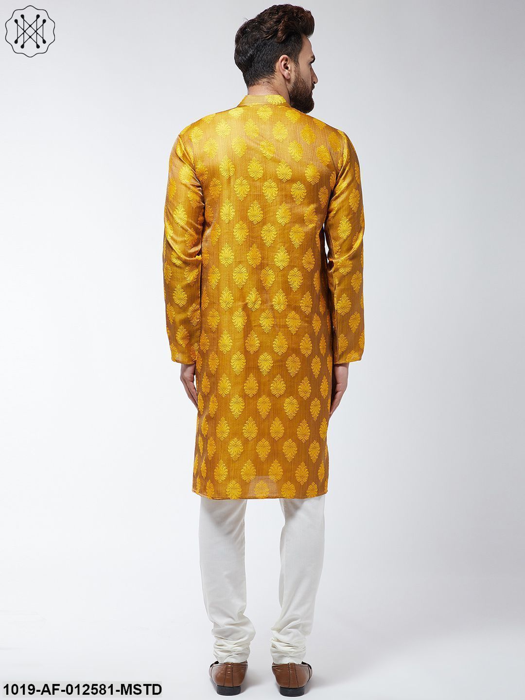 Men's Jacquard Silk Mustard Kurta & Off-White Churidar Pyjama Set