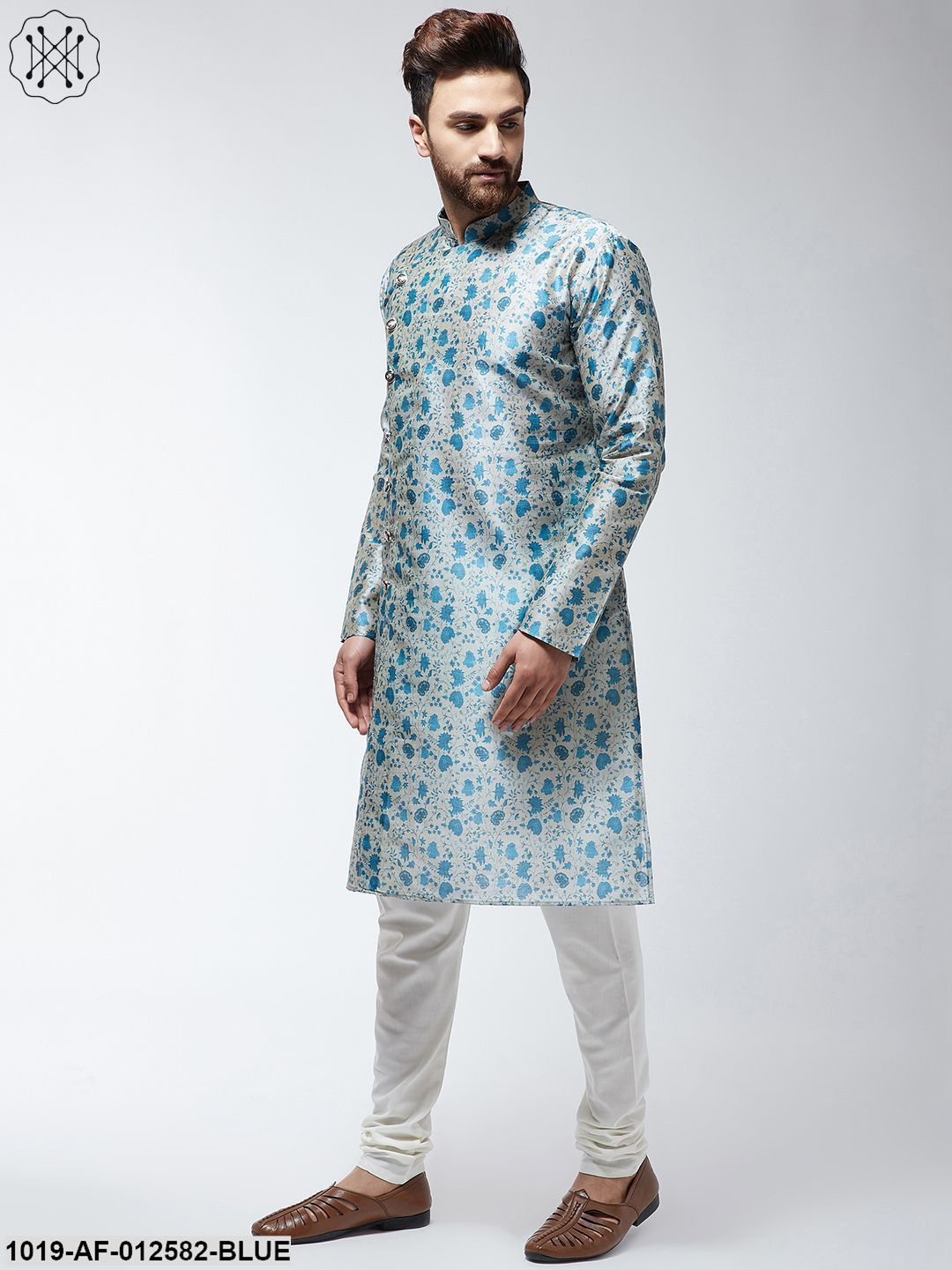 Men's Silk Blend Blue Printed Kurta & Off-White Churidar Pyjama Set