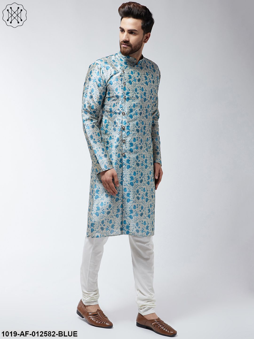 Men's Silk Blend Blue Printed Kurta & Off-White Churidar Pyjama Set