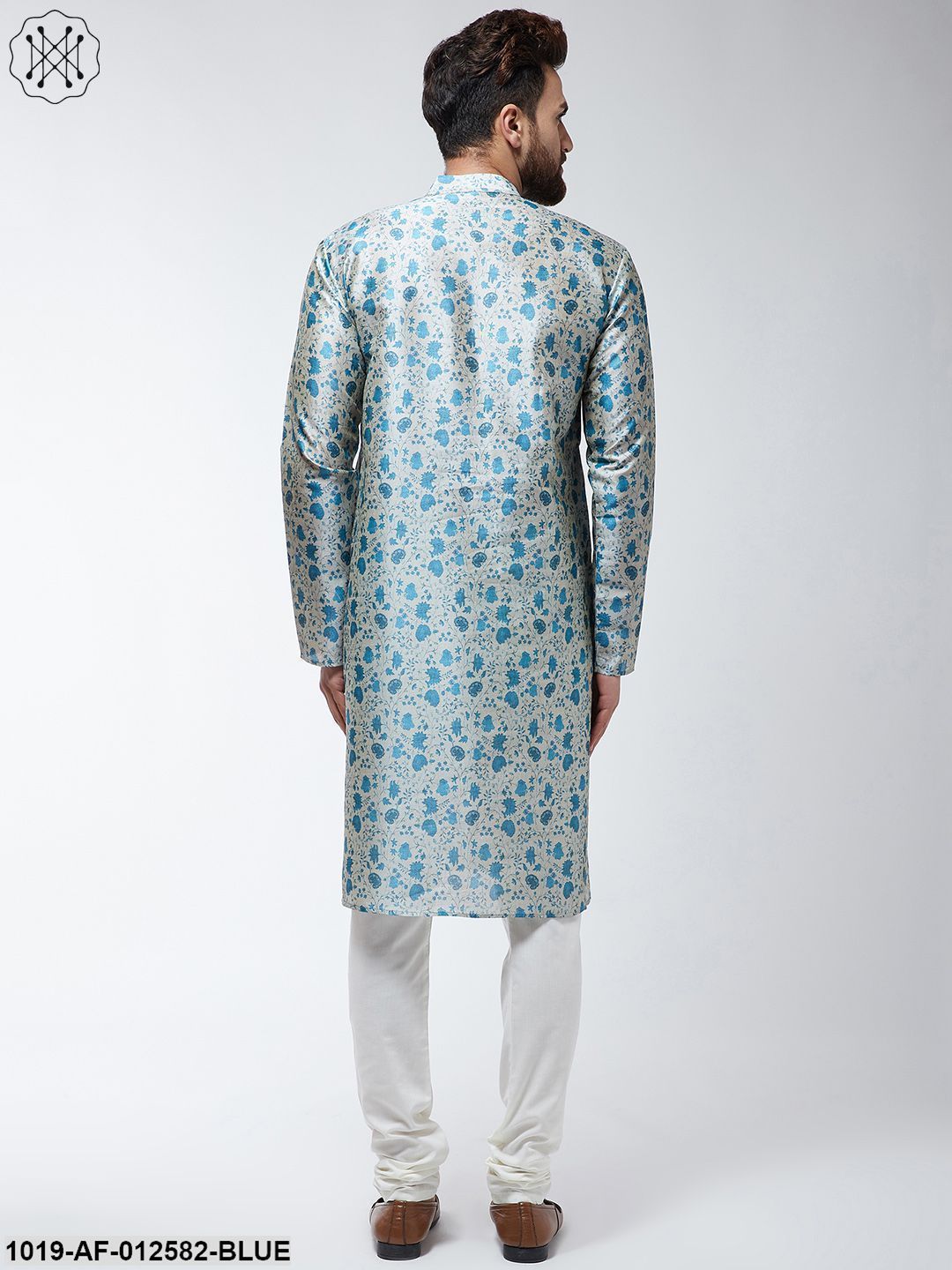 Men's Silk Blend Blue Printed Kurta & Off-White Churidar Pyjama Set