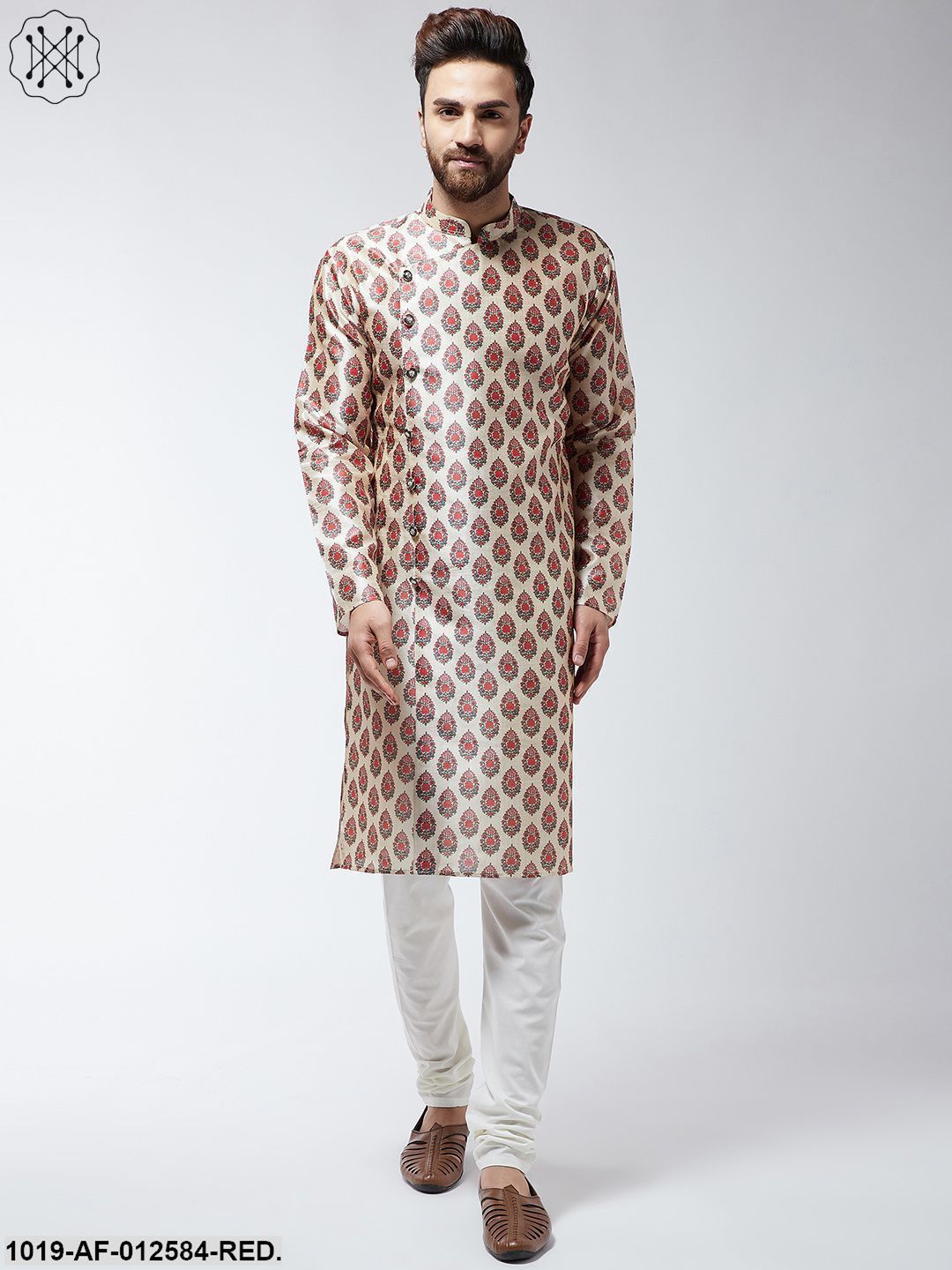 Men's Silk Blend Red Printed Kurta & Off-White Churidar Pyjama Set