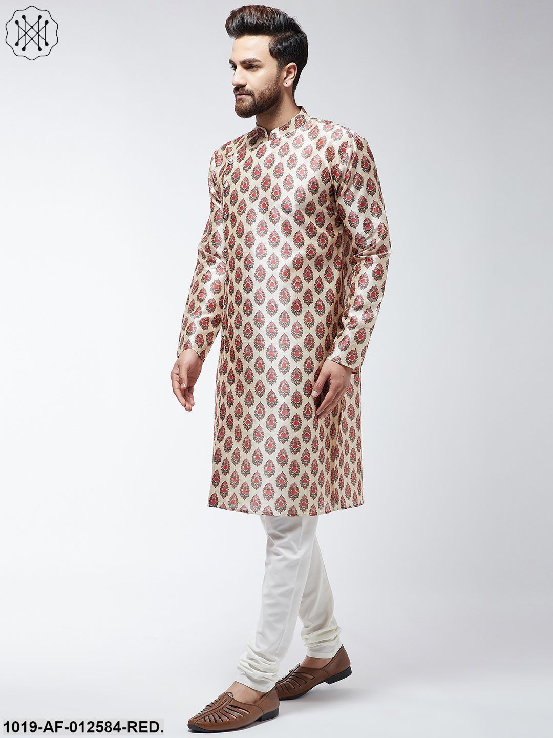 Men's Silk Blend Red Printed Kurta & Off-White Churidar Pyjama Set