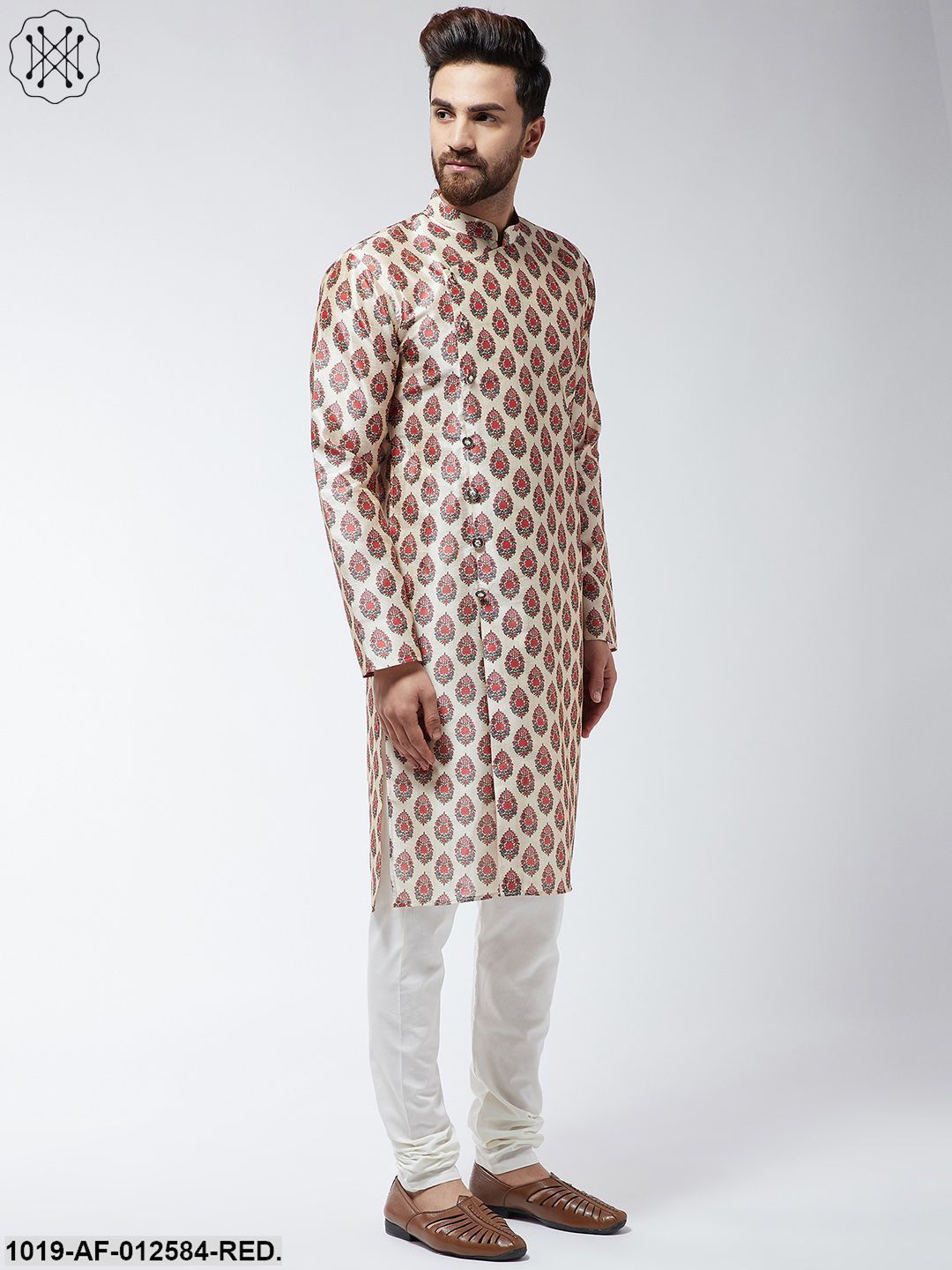 Men's Silk Blend Red Printed Kurta & Off-White Churidar Pyjama Set