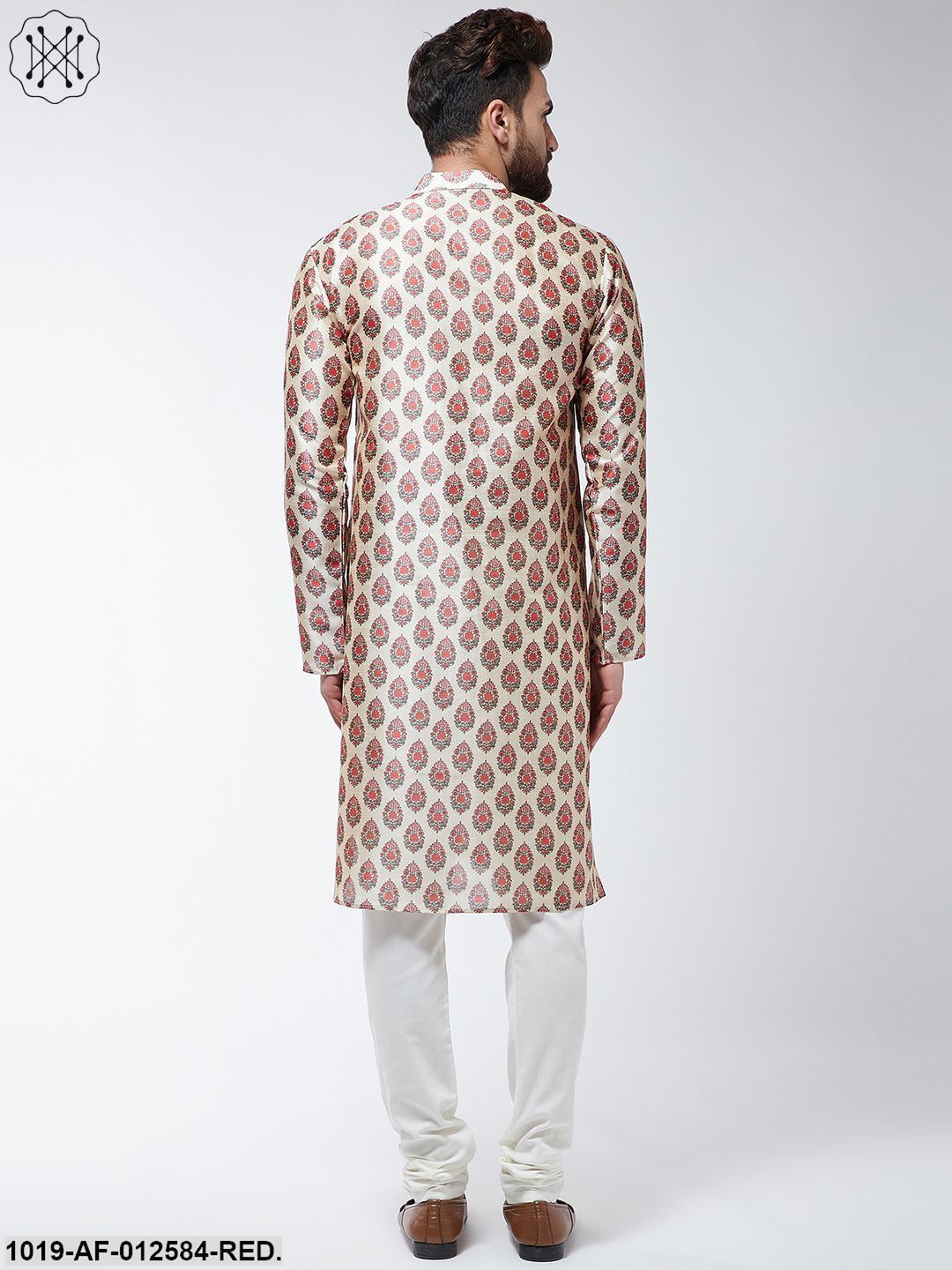 Men's Silk Blend Red Printed Kurta & Off-White Churidar Pyjama Set