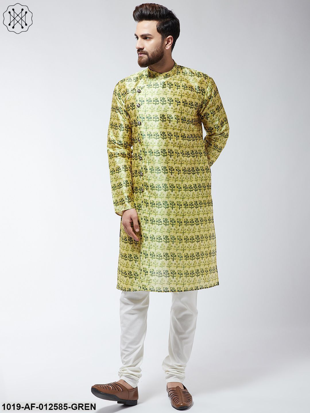 Men's Silk Blend Limegreen Printed Kurta & Off-White Churidar Pyjama Set