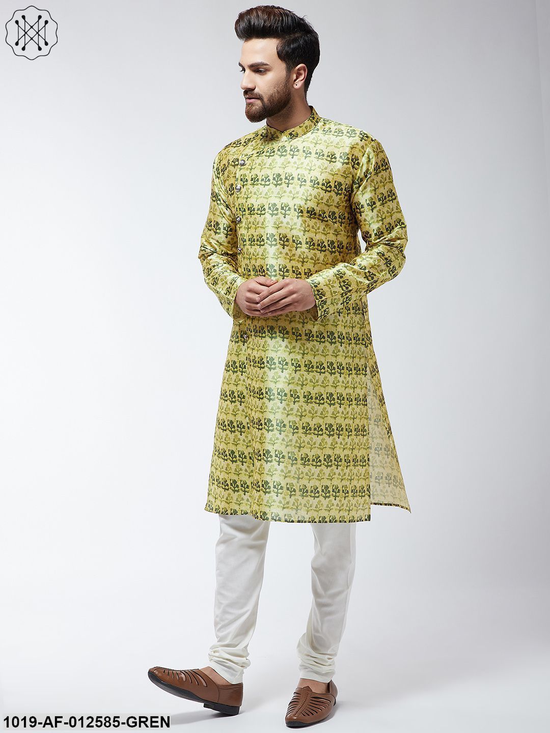 Men's Silk Blend Limegreen Printed Kurta & Off-White Churidar Pyjama Set
