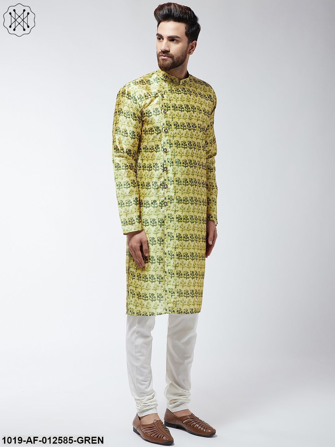 Men's Silk Blend Limegreen Printed Kurta & Off-White Churidar Pyjama Set