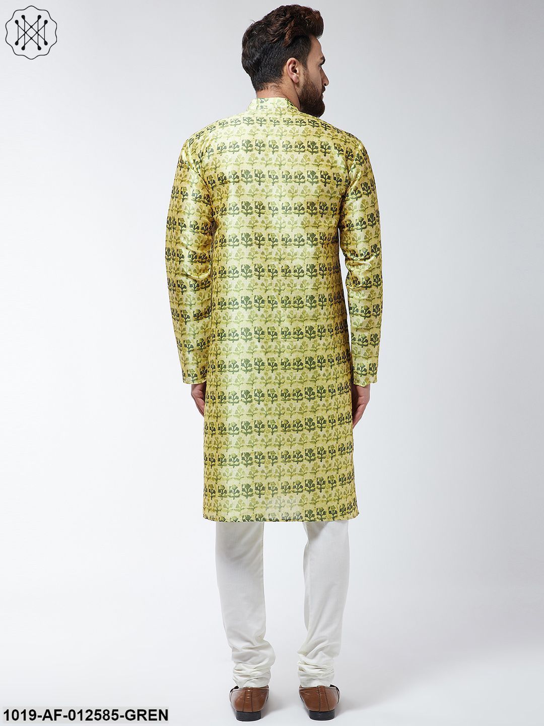 Men's Silk Blend Limegreen Printed Kurta & Off-White Churidar Pyjama Set