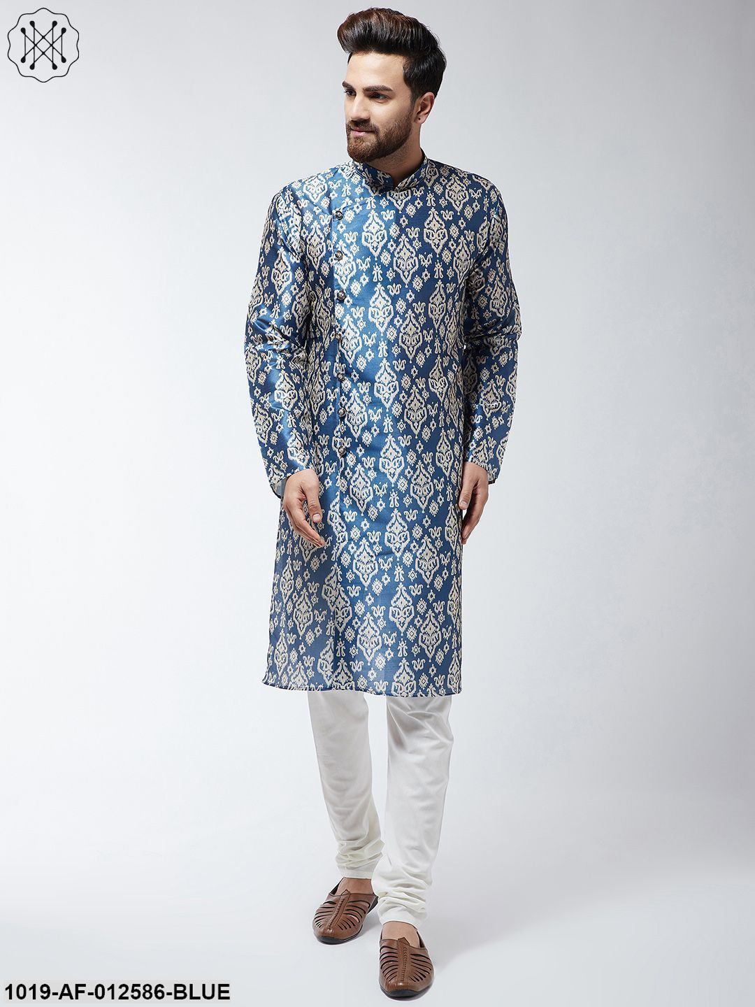 Men's Silk Blend Blue Printed Kurta & Off-White Churidar Pyjama Set