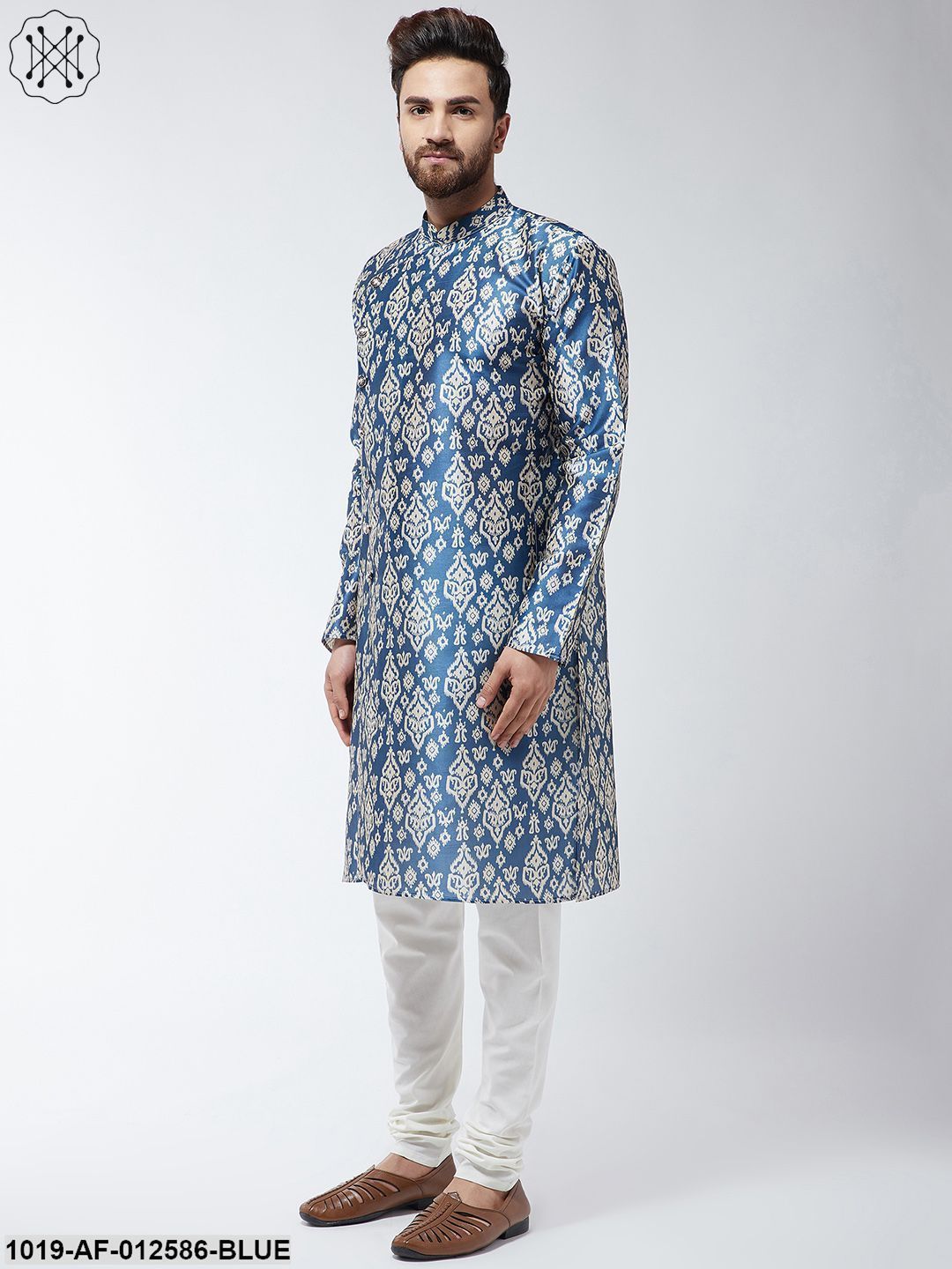 Men's Silk Blend Blue Printed Kurta & Off-White Churidar Pyjama Set