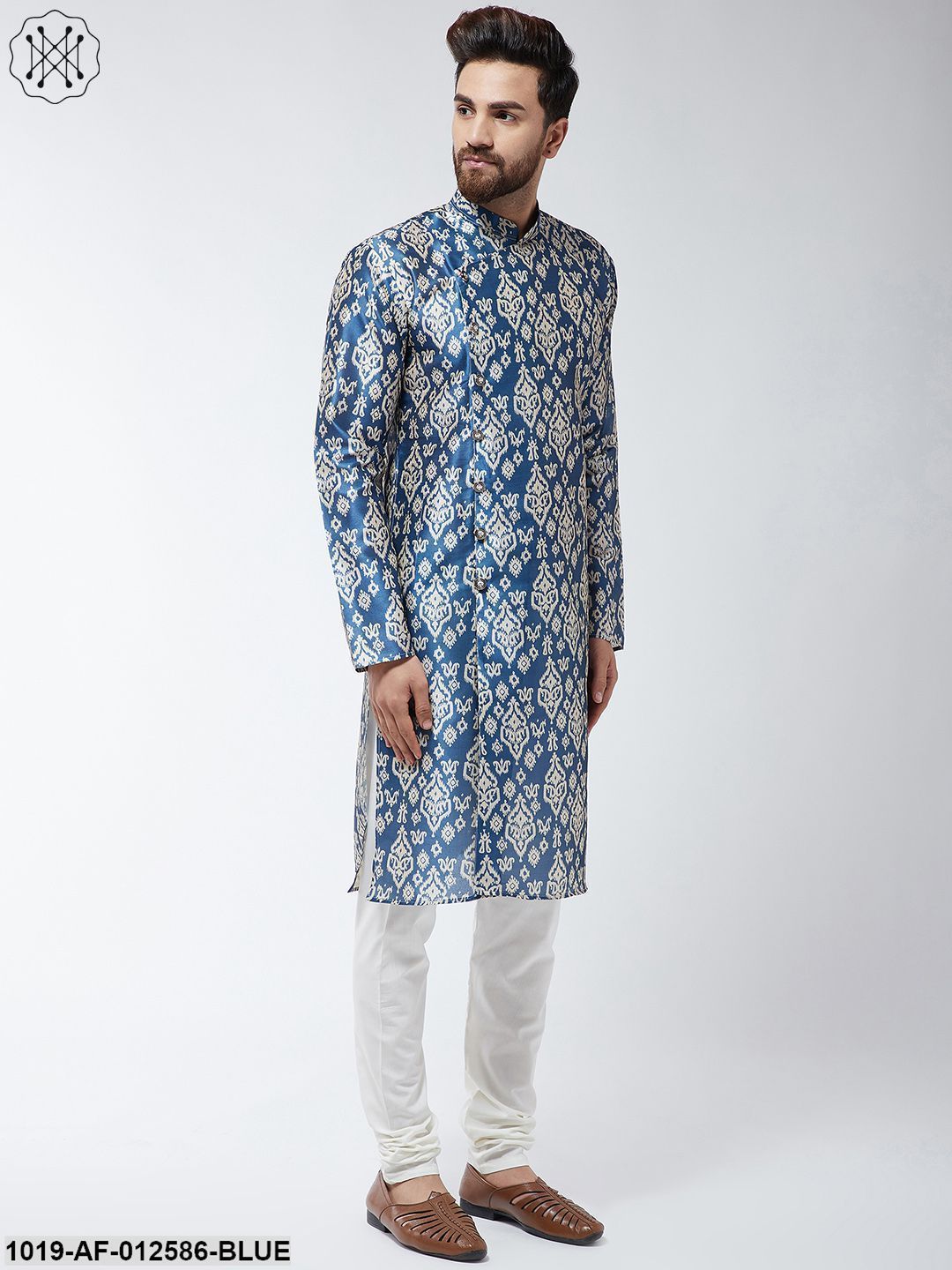 Men's Silk Blend Blue Printed Kurta & Off-White Churidar Pyjama Set