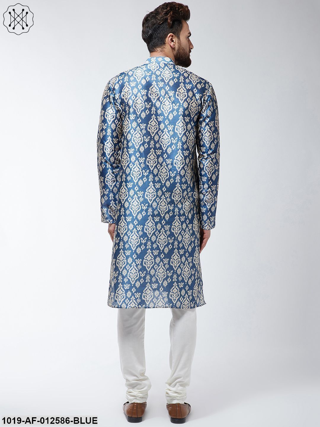 Men's Silk Blend Blue Printed Kurta & Off-White Churidar Pyjama Set