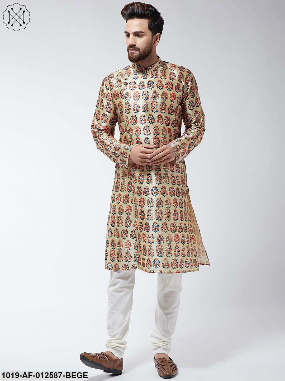 Men's Silk Blend Beige Printed Kurta & Off-White Churidar Pyjama Set