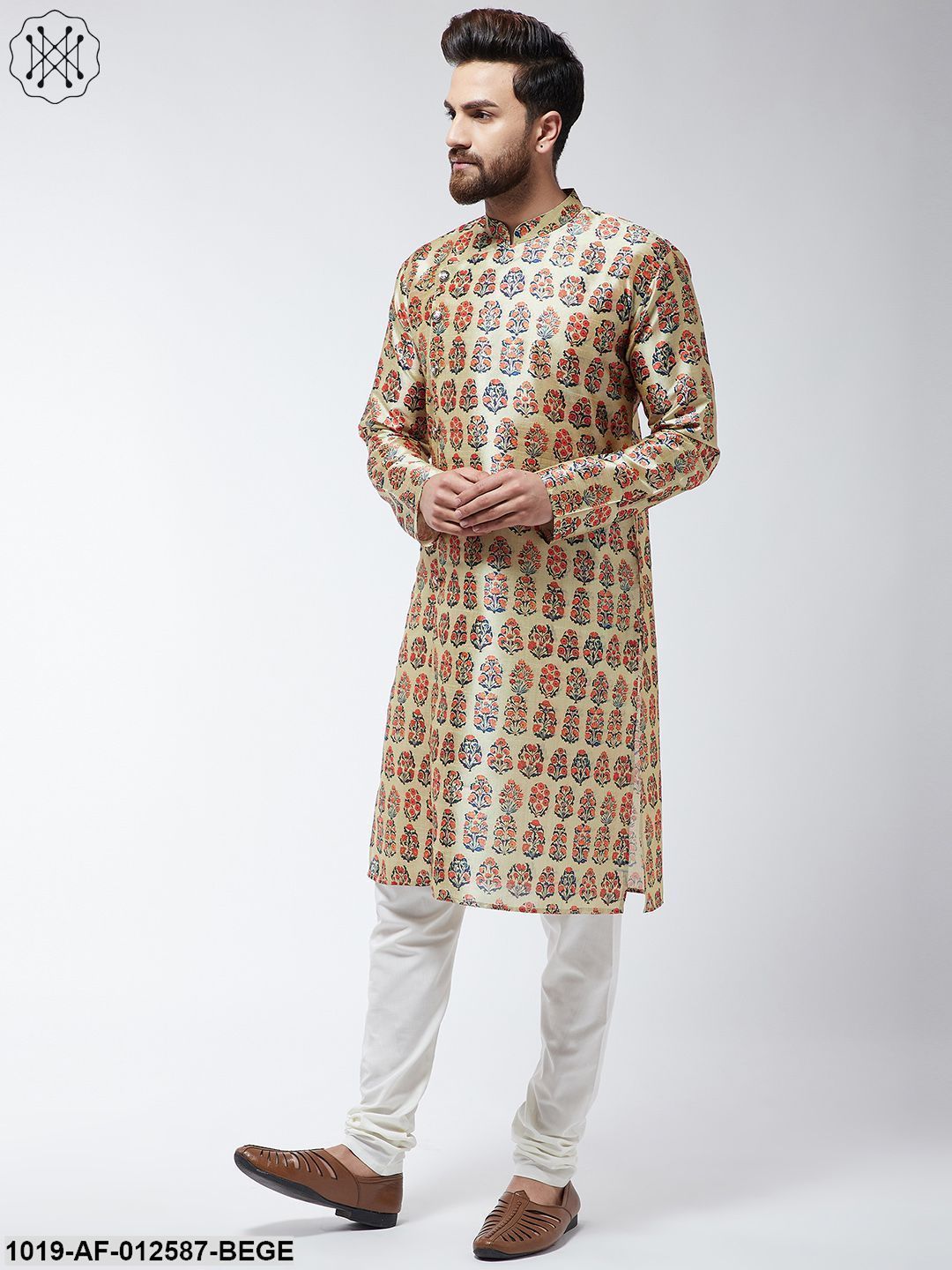 Men's Silk Blend Beige Printed Kurta & Off-White Churidar Pyjama Set