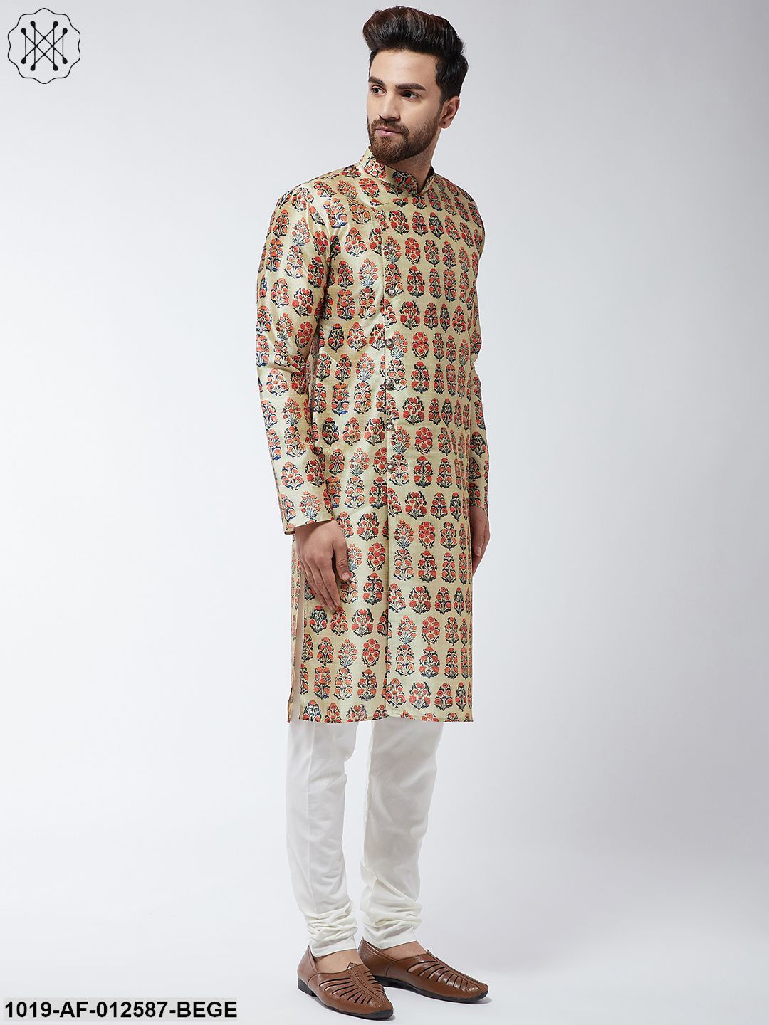 Men's Silk Blend Beige Printed Kurta & Off-White Churidar Pyjama Set