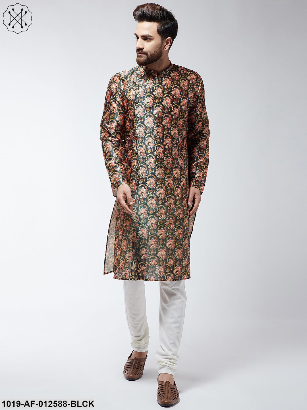Men's Silk Blend Black Printed Kurta & Off-White Churidar Pyjama Set