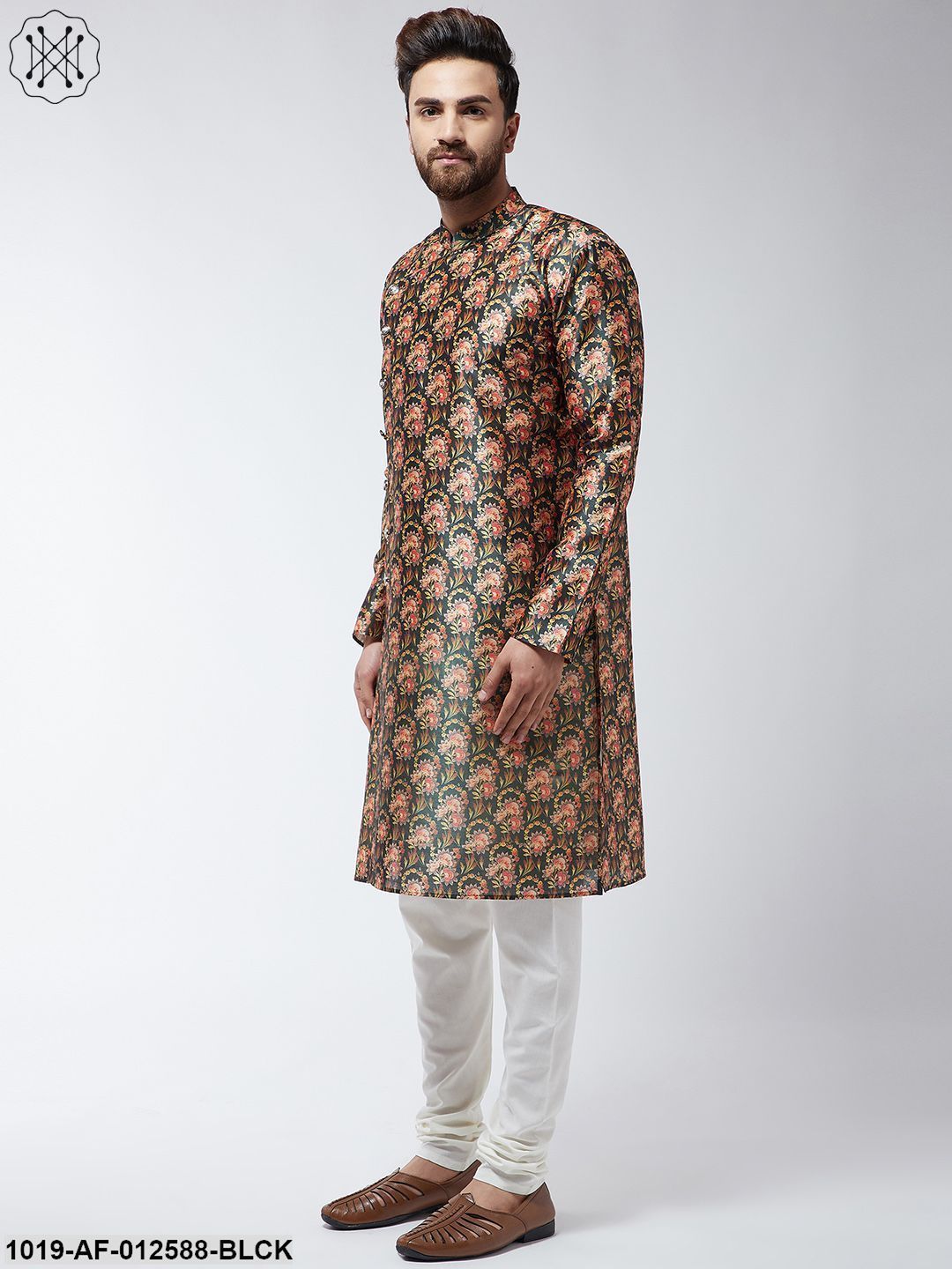 Men's Silk Blend Black Printed Kurta & Off-White Churidar Pyjama Set