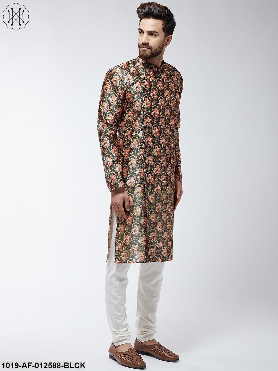 Men's Silk Blend Black Printed Kurta & Off-White Churidar Pyjama Set