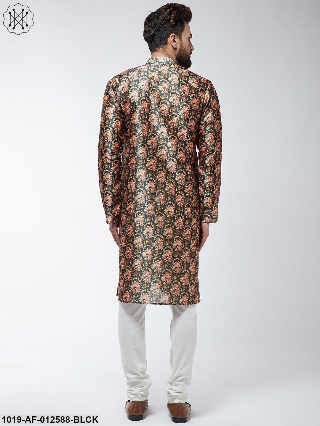 Men's Silk Blend Black Printed Kurta & Off-White Churidar Pyjama Set