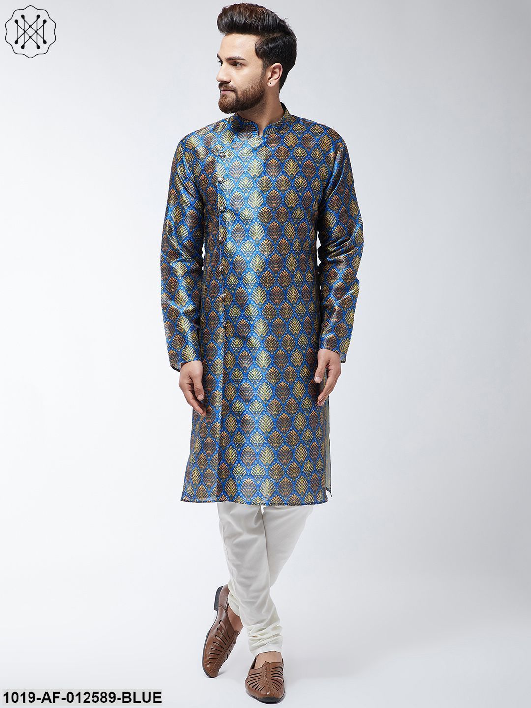 Men's Silk Blend Blue Printed Kurta & Off-White Churidar Pyjama Set