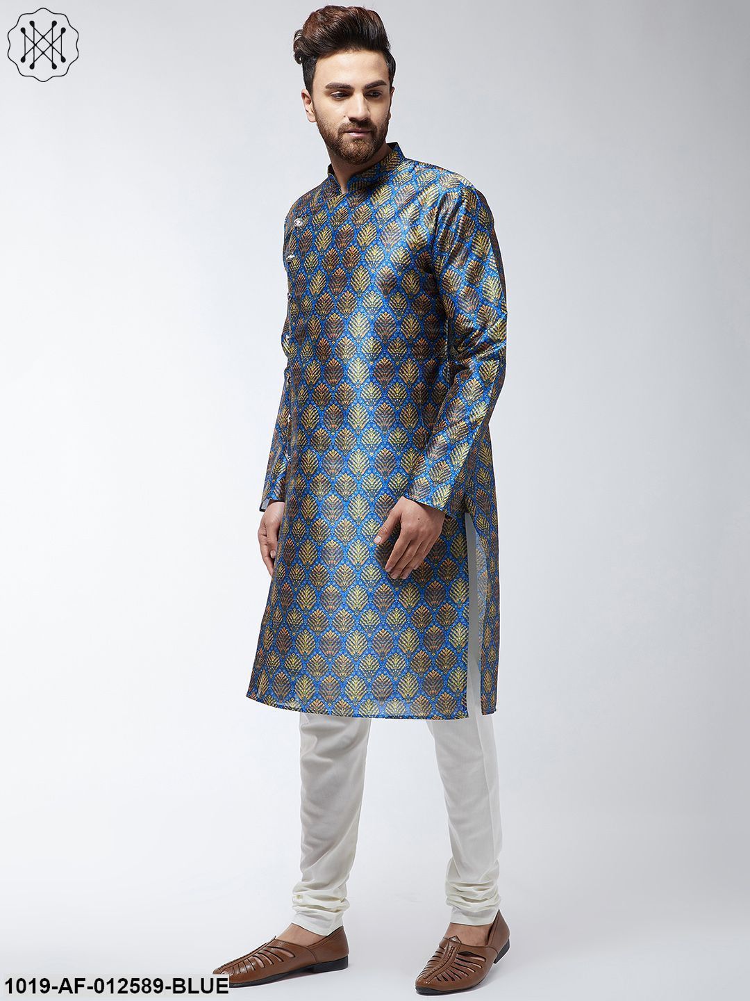Men's Silk Blend Blue Printed Kurta & Off-White Churidar Pyjama Set