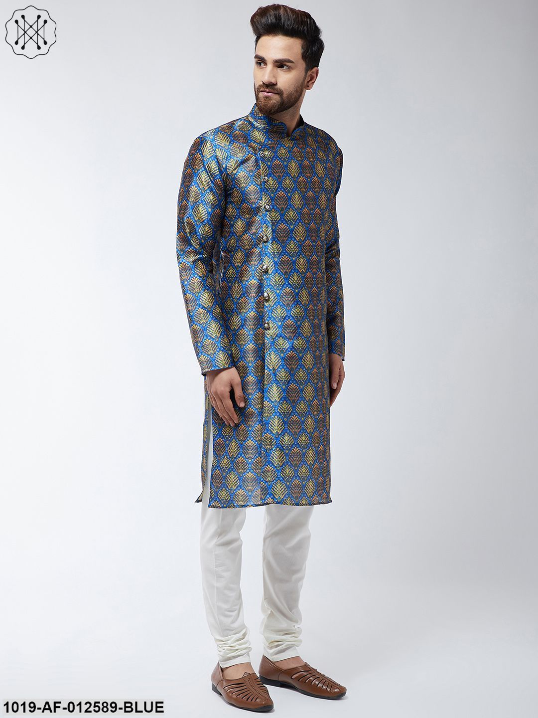 Men's Silk Blend Blue Printed Kurta & Off-White Churidar Pyjama Set