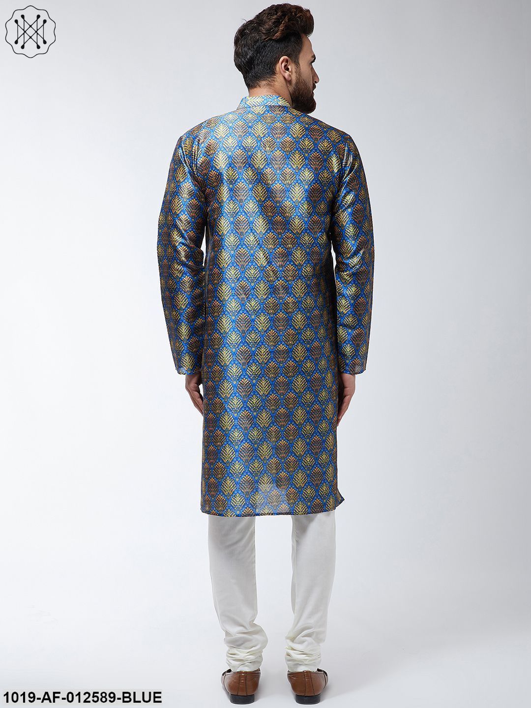 Men's Silk Blend Blue Printed Kurta & Off-White Churidar Pyjama Set