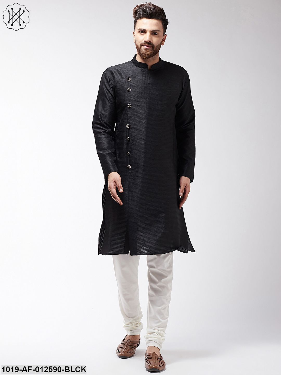 Men's Silk Blend Black Kurta & Off-White Churidar Pyjama Set