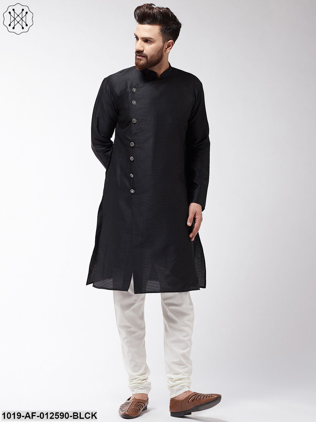 Men's Silk Blend Black Kurta & Off-White Churidar Pyjama Set