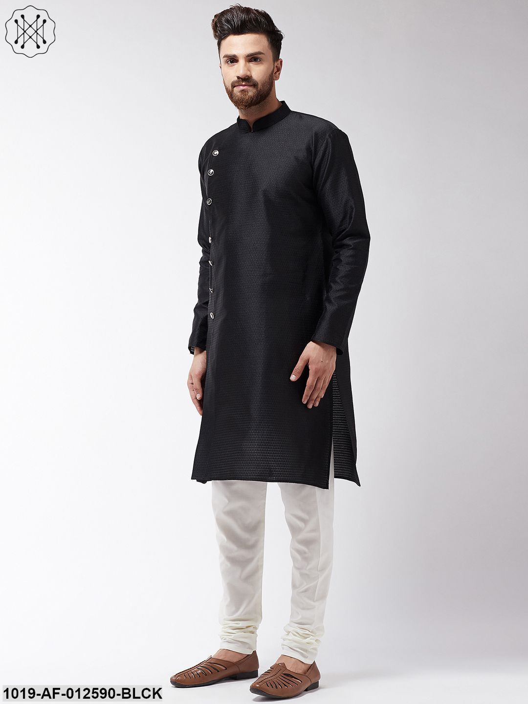 Men's Silk Blend Black Kurta & Off-White Churidar Pyjama Set
