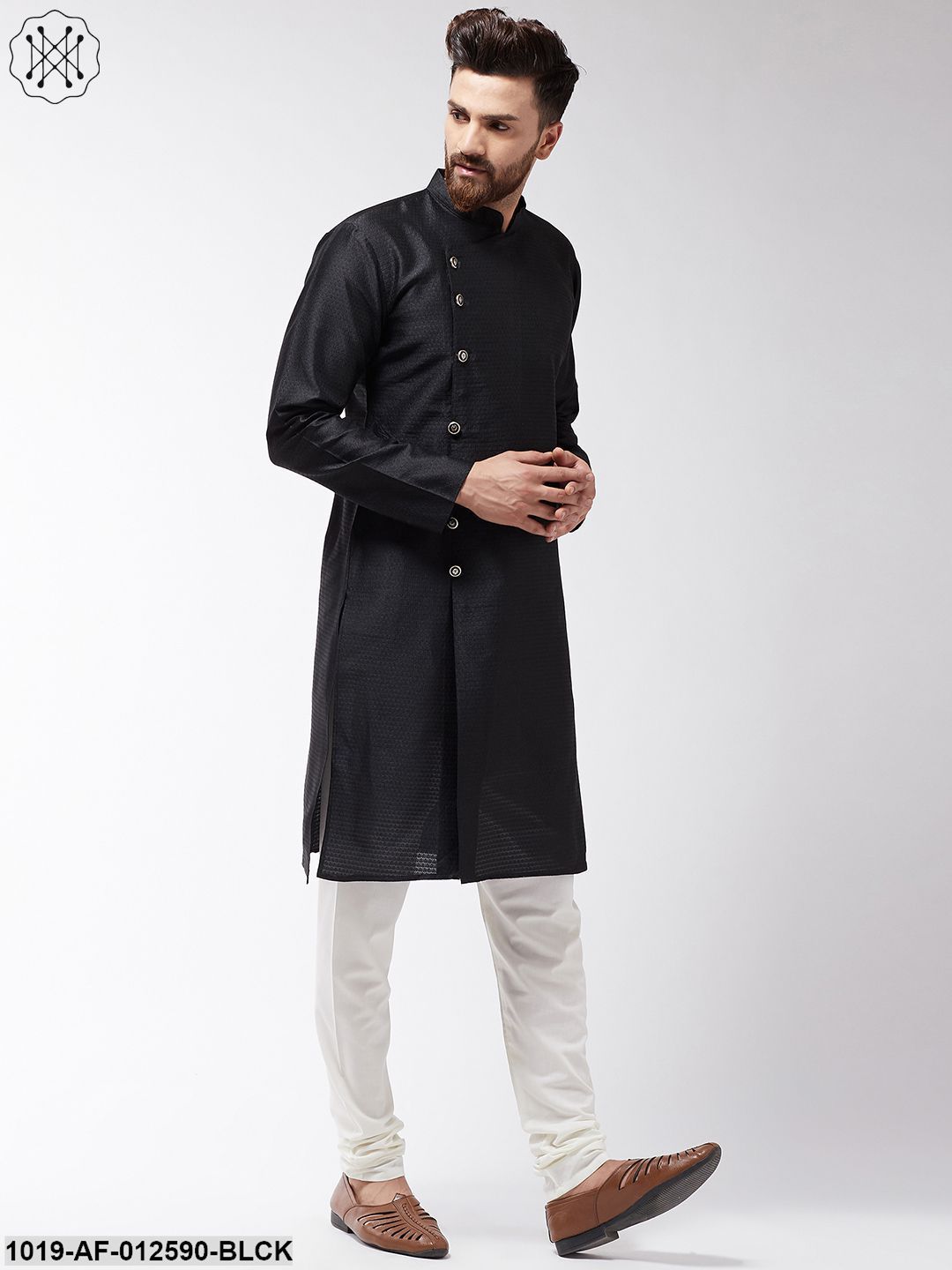 Men's Silk Blend Black Kurta & Off-White Churidar Pyjama Set