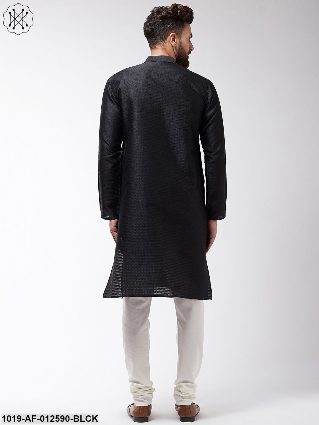 Men's Silk Blend Black Kurta & Off-White Churidar Pyjama Set