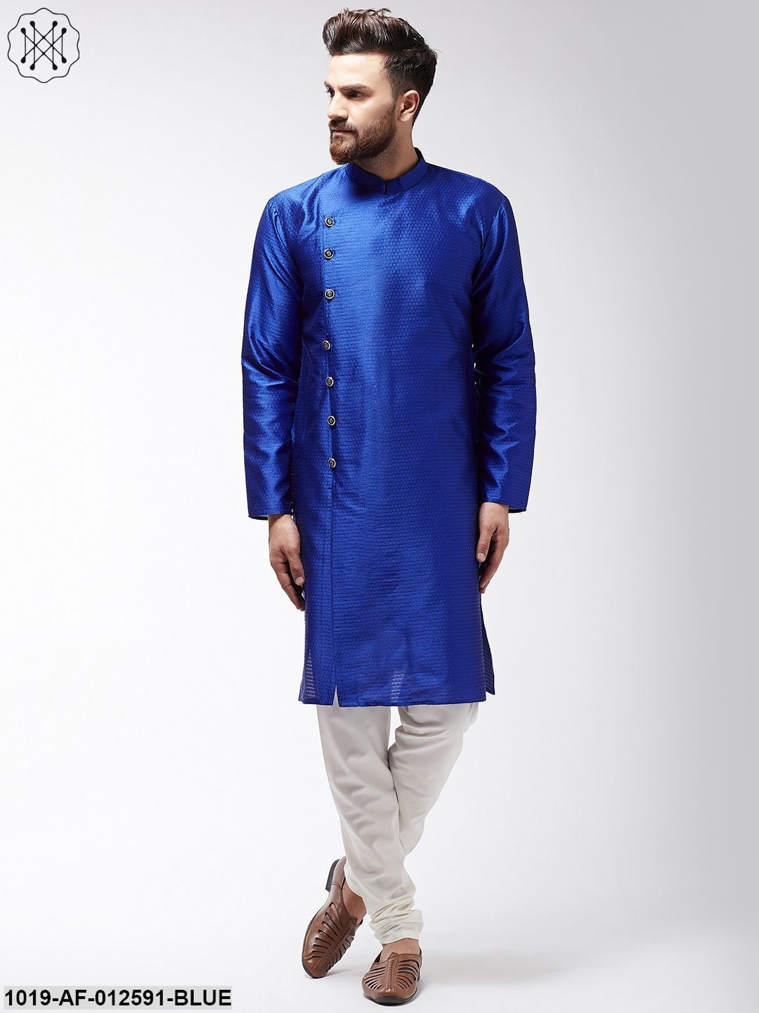 Men's Silk Blend Royal Blue Kurta & Off-White Churidar Pyjama Set