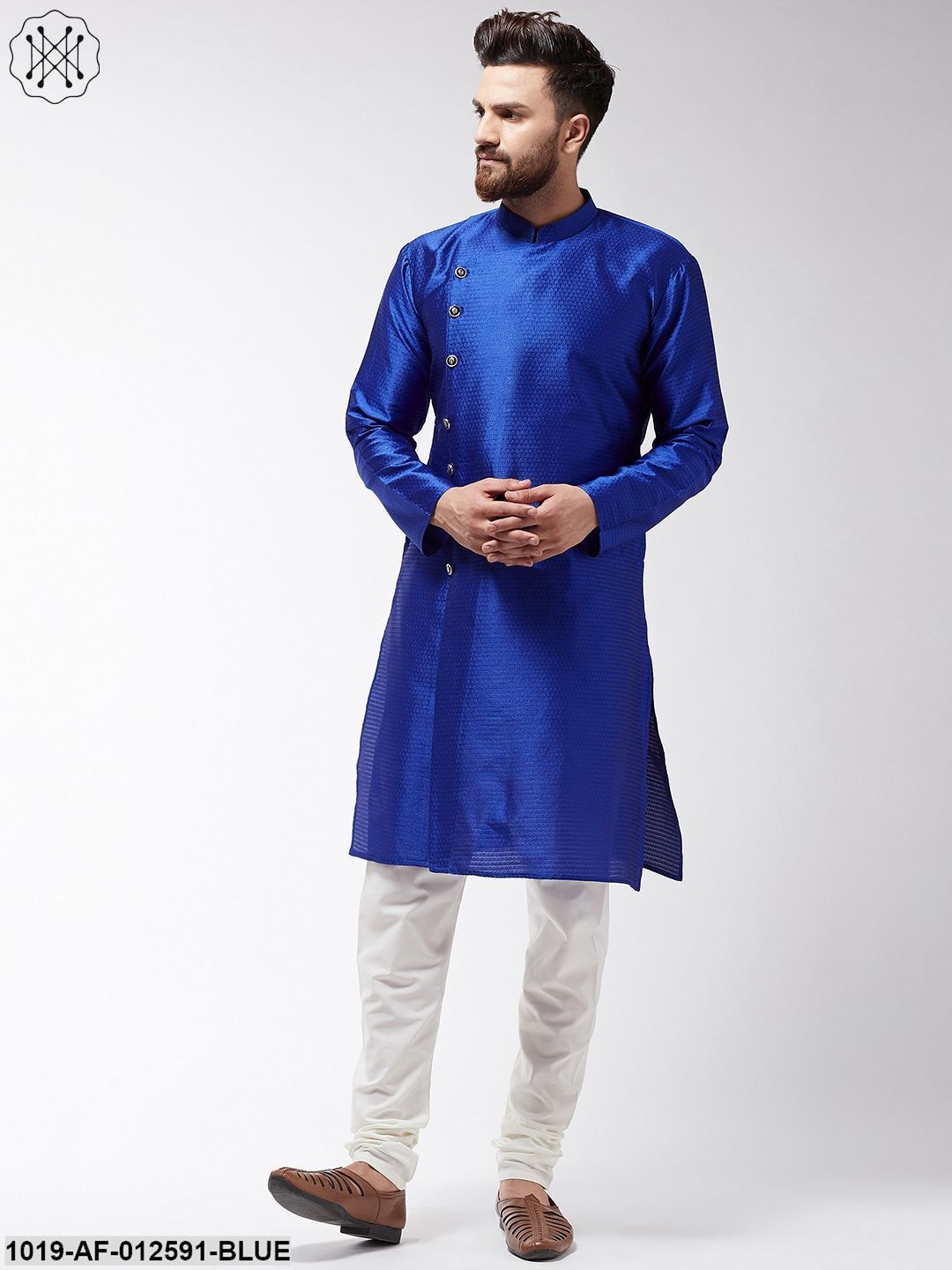 Men's Silk Blend Royal Blue Kurta & Off-White Churidar Pyjama Set