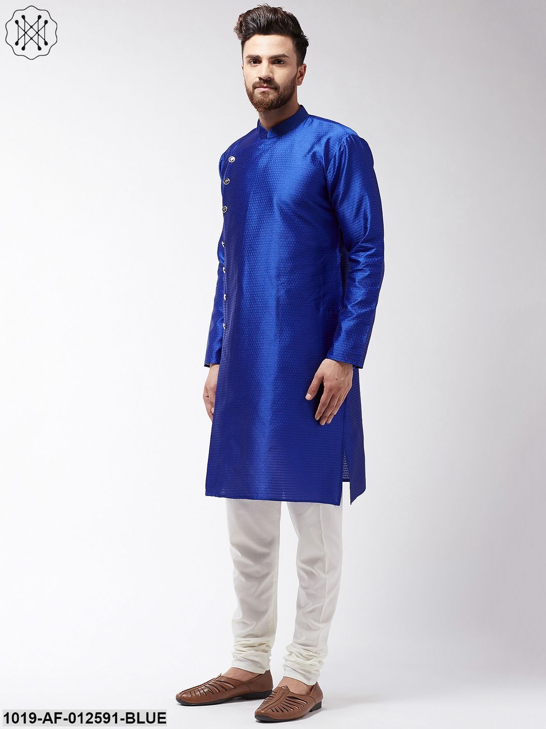 Men's Silk Blend Royal Blue Kurta & Off-White Churidar Pyjama Set