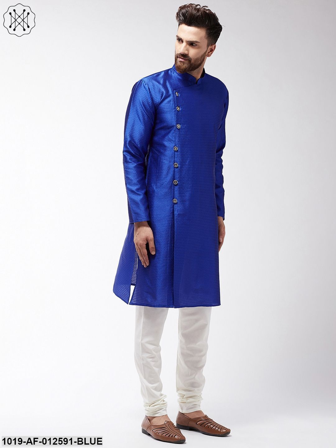 Men's Silk Blend Royal Blue Kurta & Off-White Churidar Pyjama Set