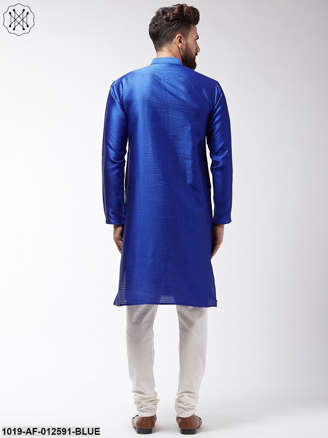 Men's Silk Blend Royal Blue Kurta & Off-White Churidar Pyjama Set