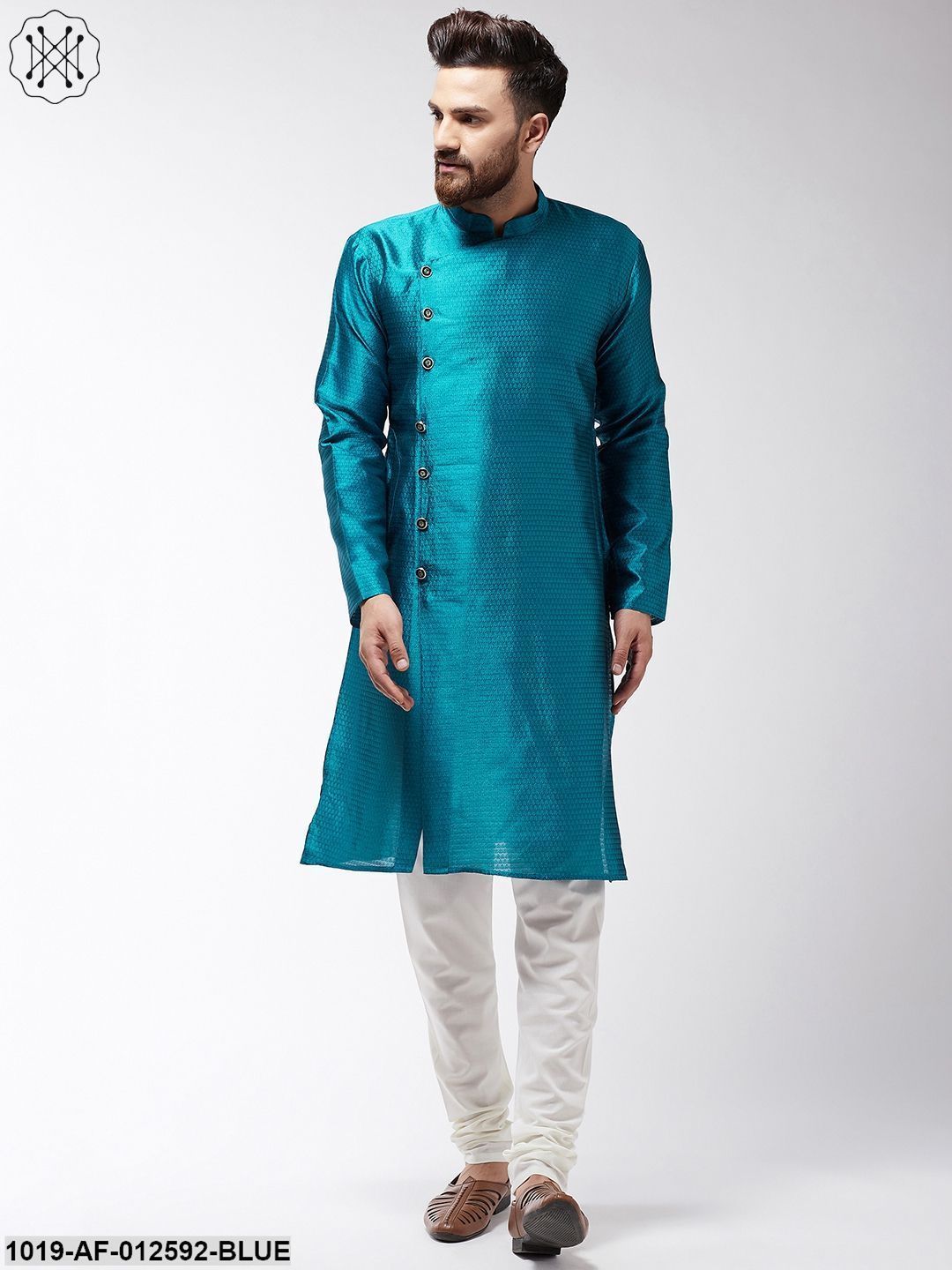 Men's Silk Blend Peacock Blue Kurta & Off-White Churidar Pyjama Set