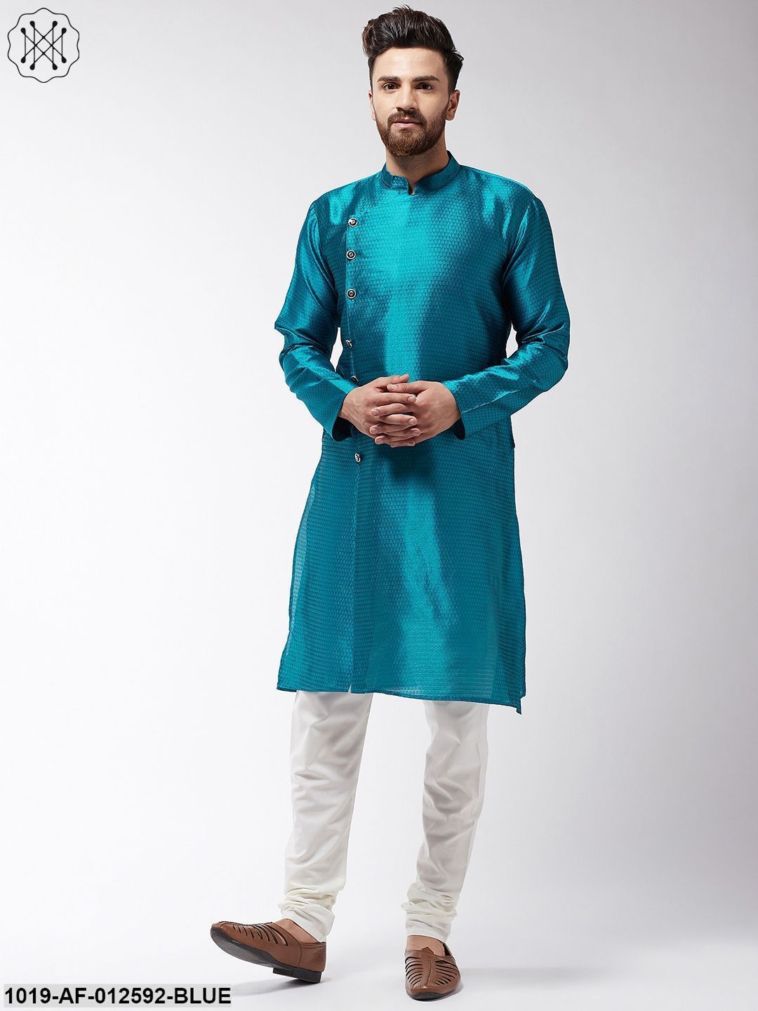 Men's Silk Blend Peacock Blue Kurta & Off-White Churidar Pyjama Set