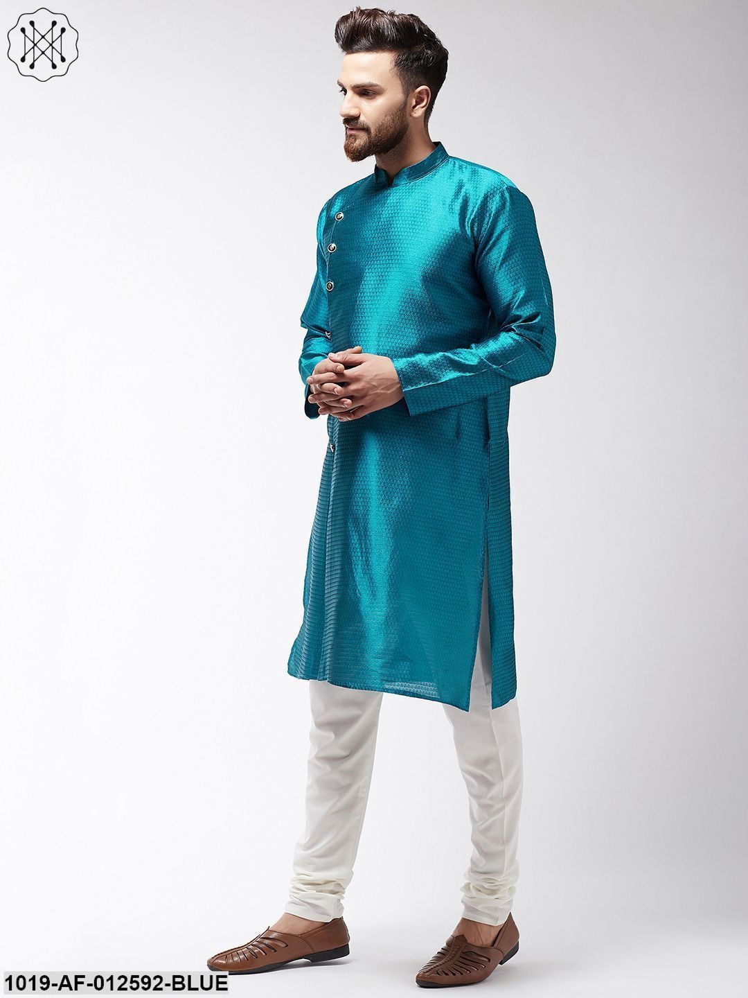 Men's Silk Blend Peacock Blue Kurta & Off-White Churidar Pyjama Set