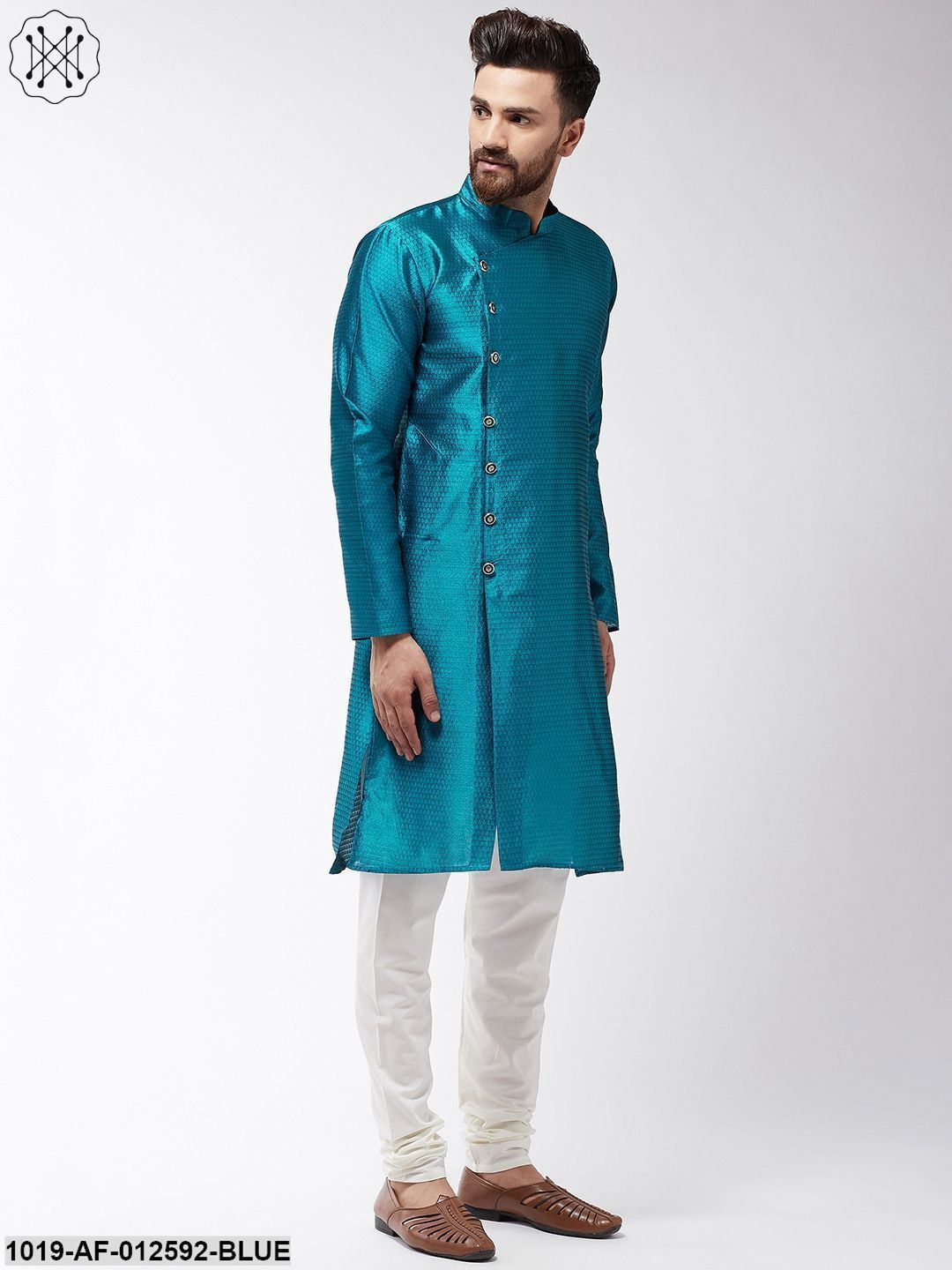 Men's Silk Blend Peacock Blue Kurta & Off-White Churidar Pyjama Set